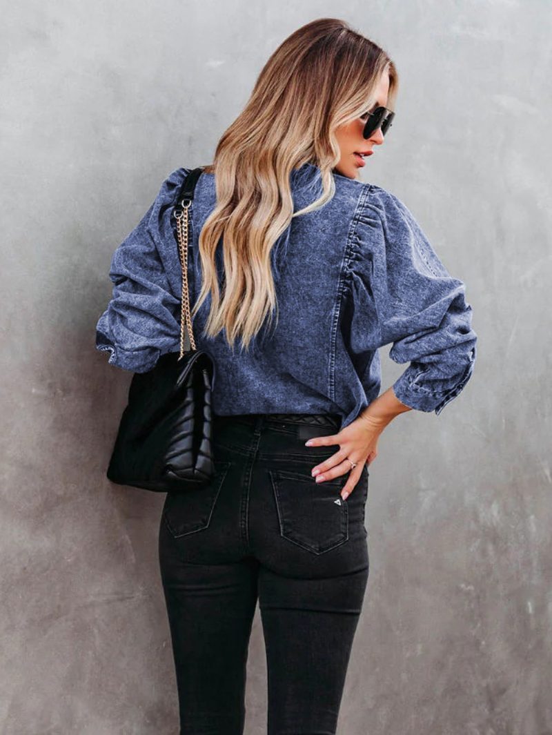 Bluse Für Damen Schwarzes Denim-umlegekragen Lässige Langarm-tops - Blau