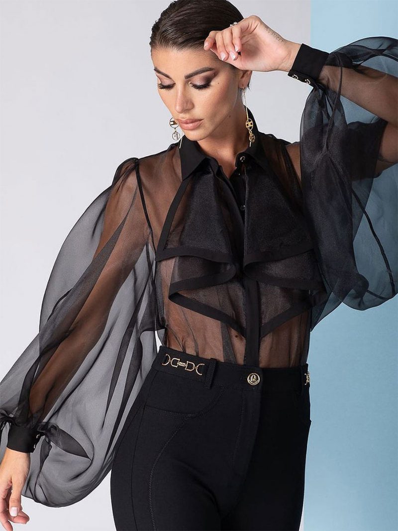 Bluse Für Damen Weiß Transparent Umlegekragen Sexy Oberteile Mit Langen Ärmeln - Schwarz