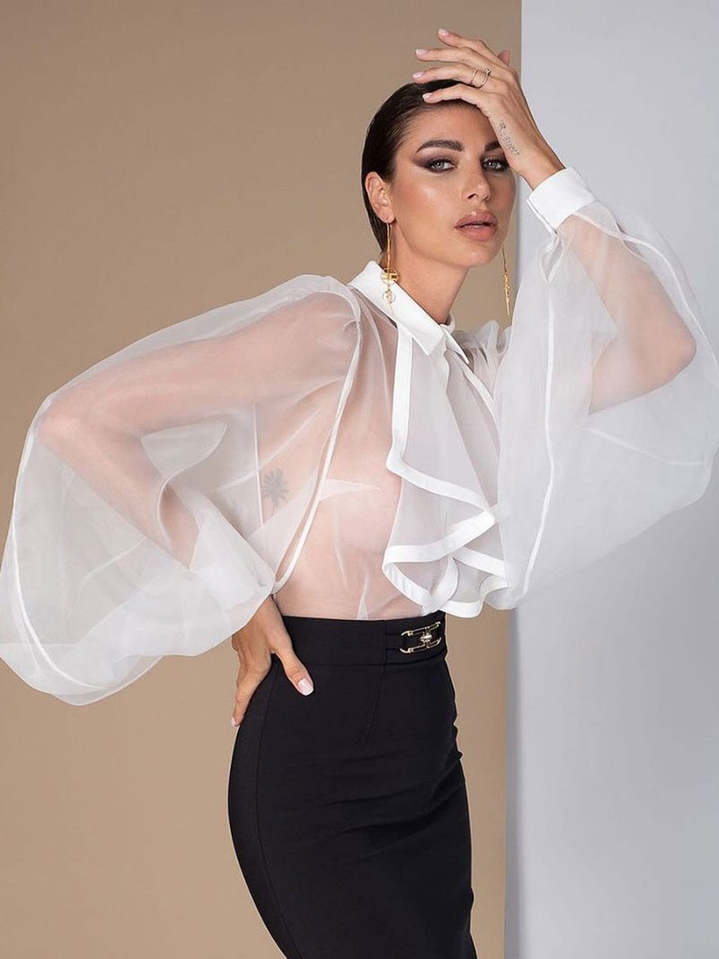 Bluse Für Damen Weiß Transparent Umlegekragen Sexy Oberteile Mit Langen Ärmeln - Weiß