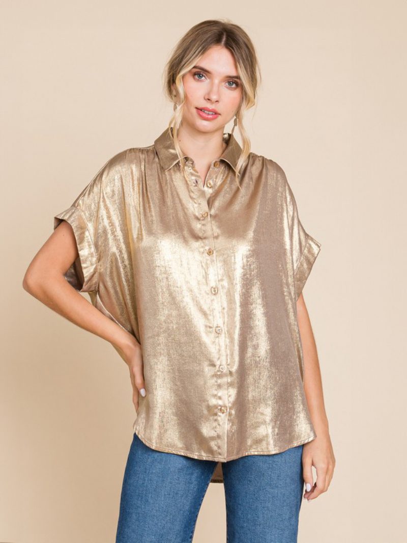 Bluse Für Damen Weiß Übergroß Plissiert Umlegekragen Lässig Kurzärmelig Polyester-oberteile - Gold