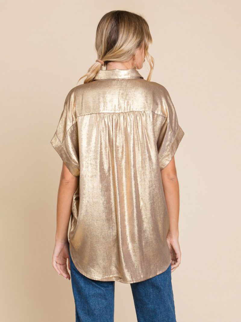 Bluse Für Damen Weiß Übergroß Plissiert Umlegekragen Lässig Kurzärmelig Polyester-oberteile - Gold