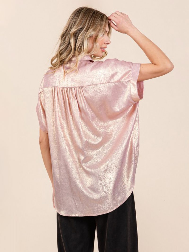 Bluse Für Damen Weiß Übergroß Plissiert Umlegekragen Lässig Kurzärmelig Polyester-oberteile - Rosa