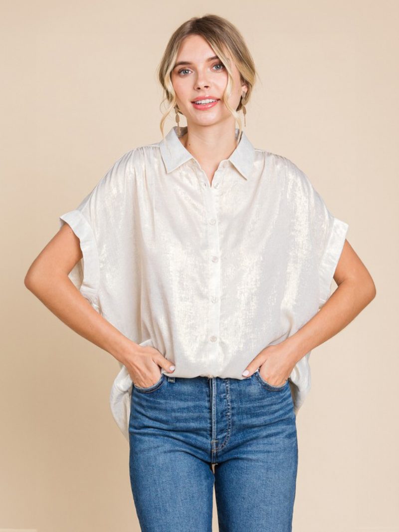 Bluse Für Damen Weiß Übergroß Plissiert Umlegekragen Lässig Kurzärmelig Polyester-oberteile - Weiß