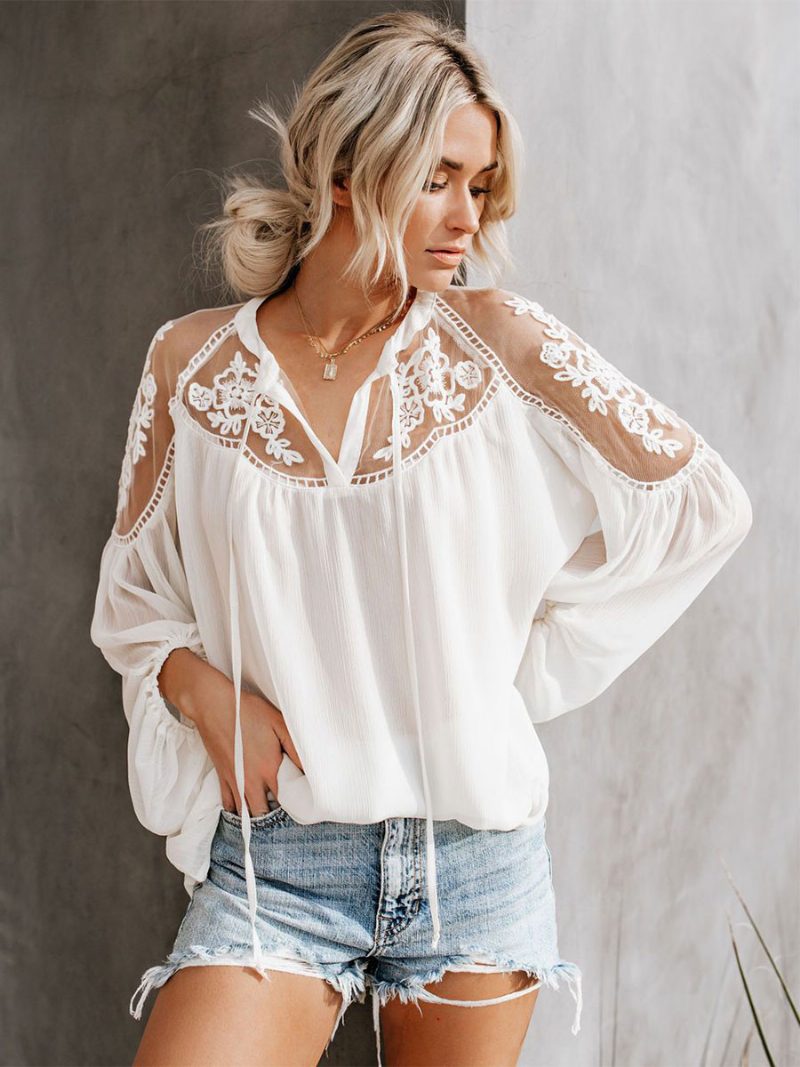 Bluse Für Damen Weiße Transparente Mit Blumen Bestickte Böhmische Langarm-oberteile