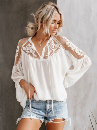 Bluse Für Damen Weiße Transparente Mit Blumen Bestickte Böhmische Langarm-oberteile