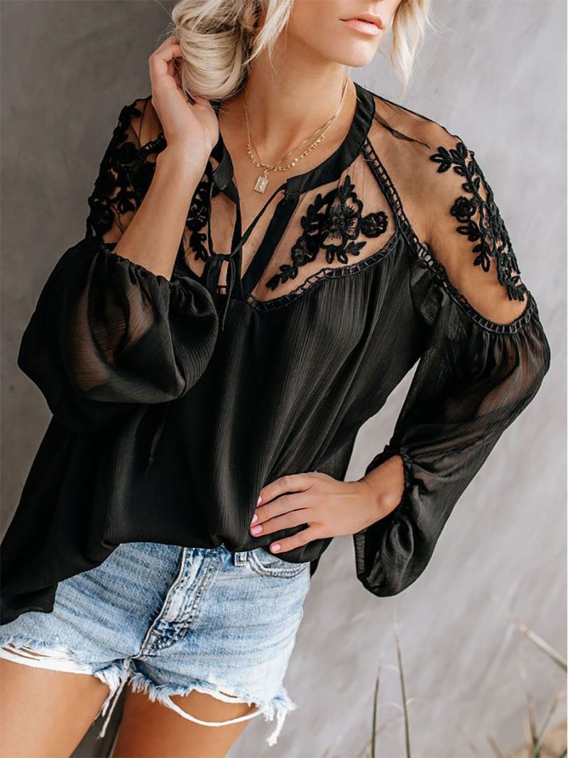 Bluse Für Damen Weiße Transparente Mit Blumen Bestickte Böhmische Langarm-oberteile - Schwarz