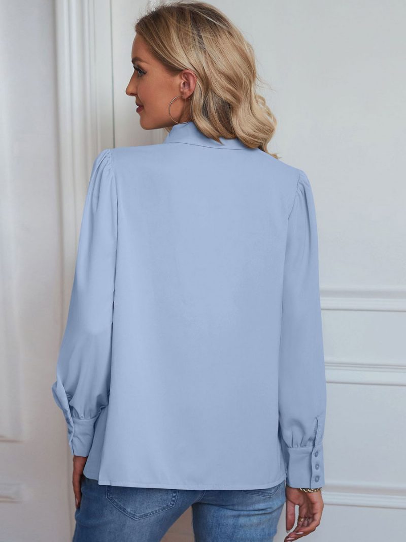 Bluse Für Damen Weiße V-ausschnitt Lässige Langarm-tops - Helles Himmelblau