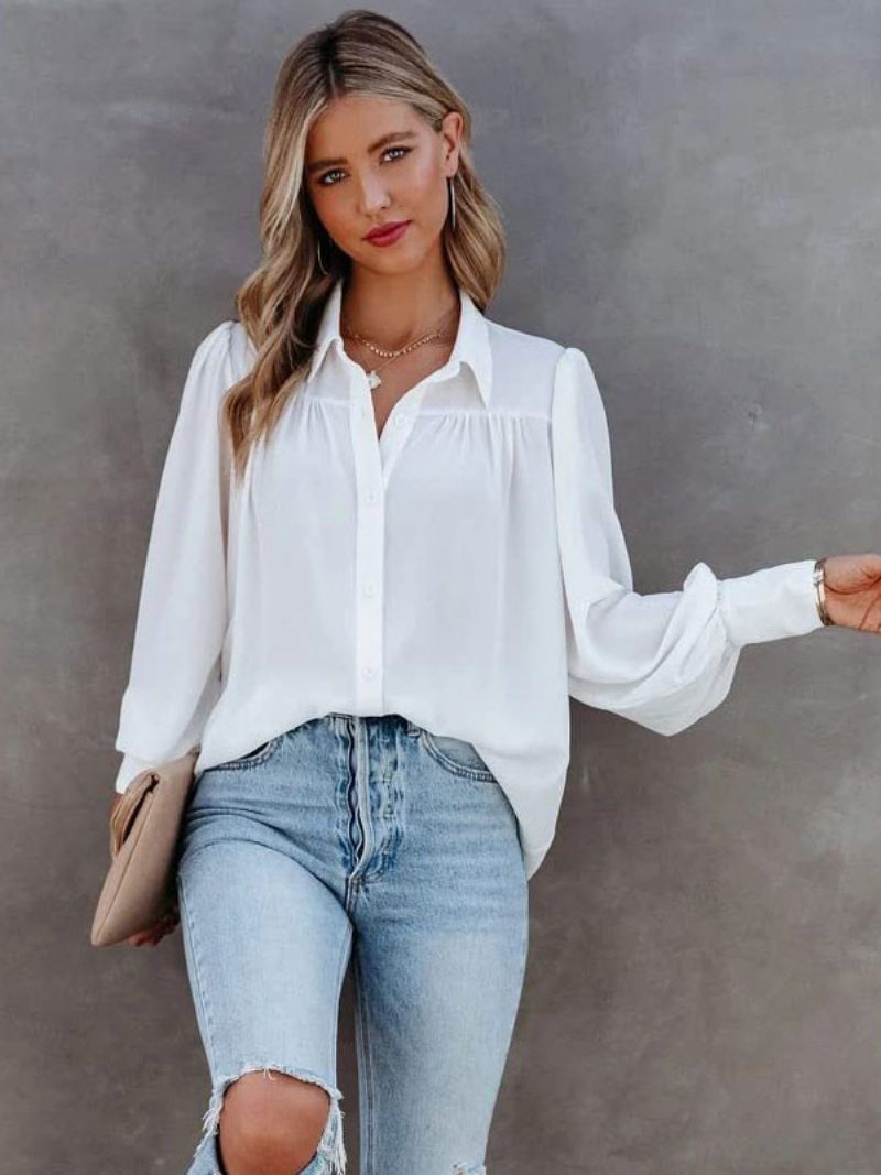 Bluse Für Damen Weiße V-ausschnitt Lässige Langarm-tops - Weiß