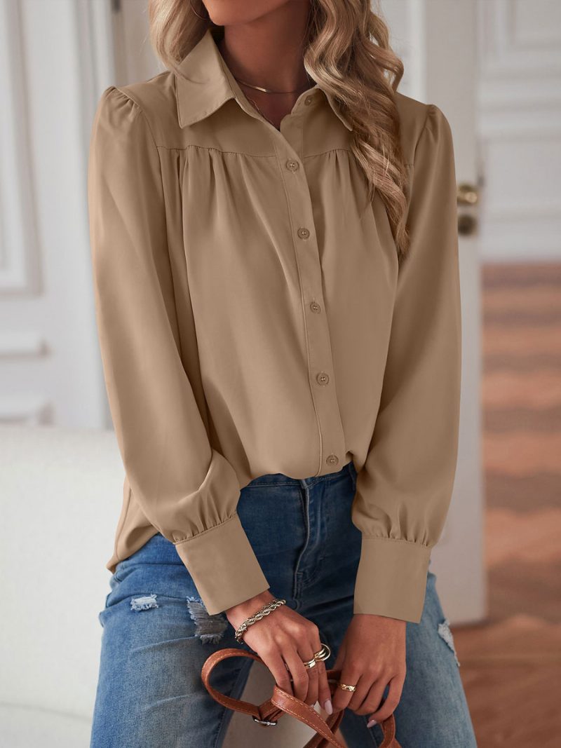 Bluse Für Damen Weiße V-ausschnitt Lässige Langarm-tops - Khaki