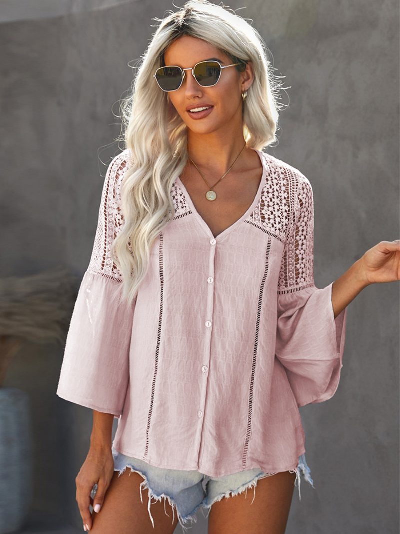 Bluse Für Damen Weißes Polyester V-ausschnitt Elegante Häkel-oberteile Mit Langen Ärmeln - Rosa