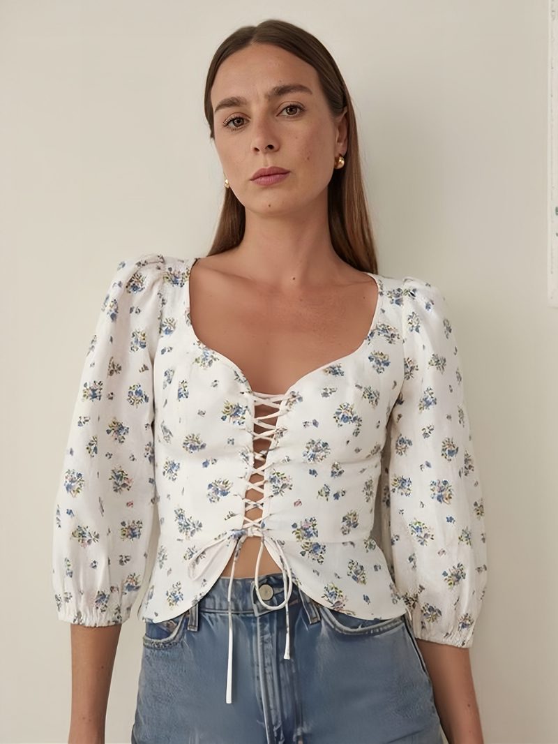 Bluse Für Damen Weißes Polyester Verzierter Kragen Sexy Blumendruck Schnürung 3/4-ärmel-oberteile - Weiß