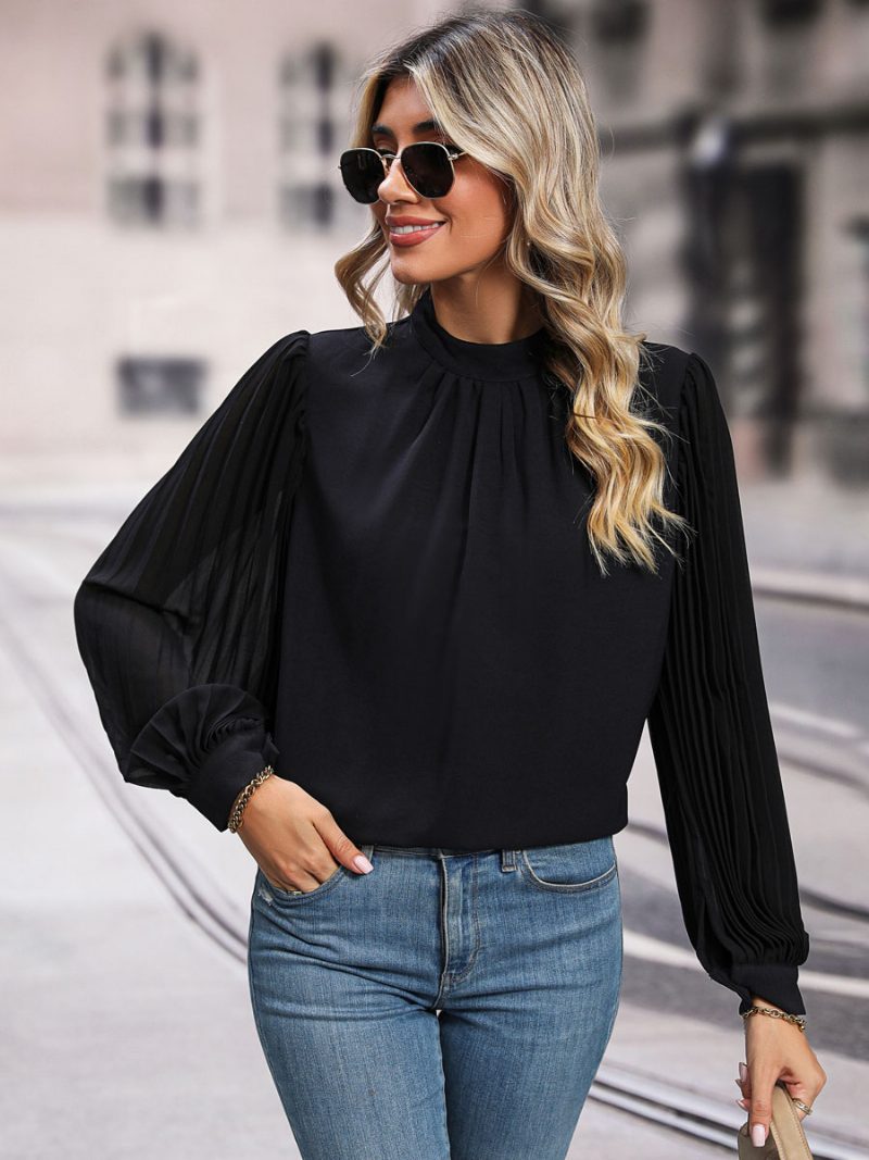 Bluse Schwarz Rundhalsausschnitt Elegante Langarm-tops Für Frauen