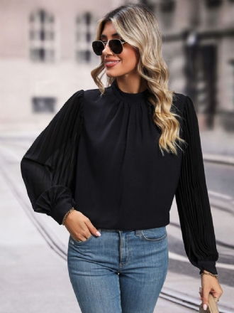 Bluse Schwarz Rundhalsausschnitt Elegante Langarm-tops Für Frauen