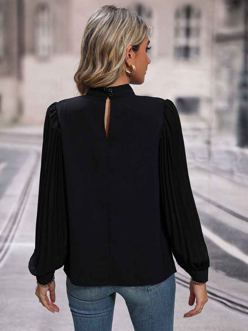 Bluse Schwarz Rundhalsausschnitt Elegante Langarm-tops Für Frauen - Schwarz