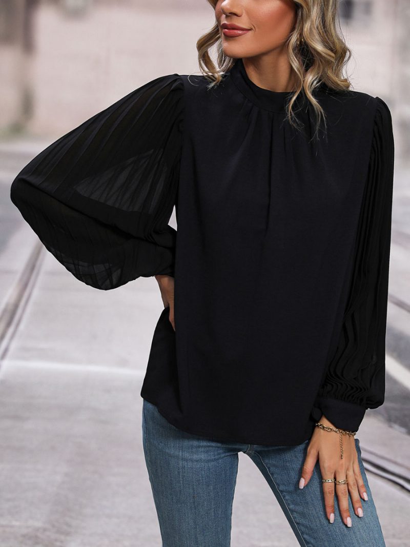 Bluse Schwarz Rundhalsausschnitt Elegante Langarm-tops Für Frauen - Schwarz