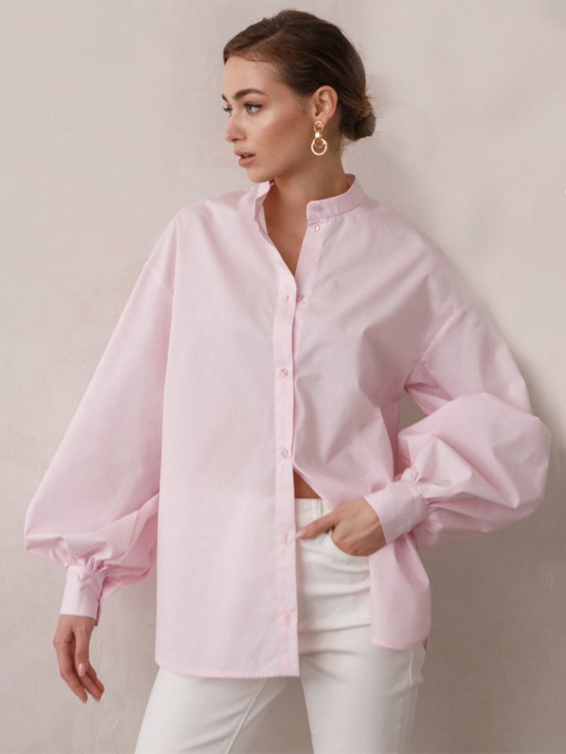 Hemd Für Damen Weiße Knöpfe Umlegekragen Lässige Langarm-tops - Rosa