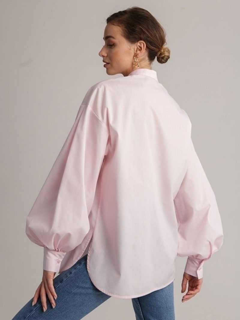 Hemd Für Damen Weiße Knöpfe Umlegekragen Lässige Langarm-tops - Rosa