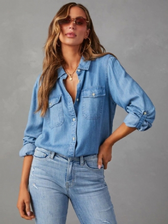 Jeansbluse Für Damen Umlegekragen Pattentaschen Alltagsoberteile