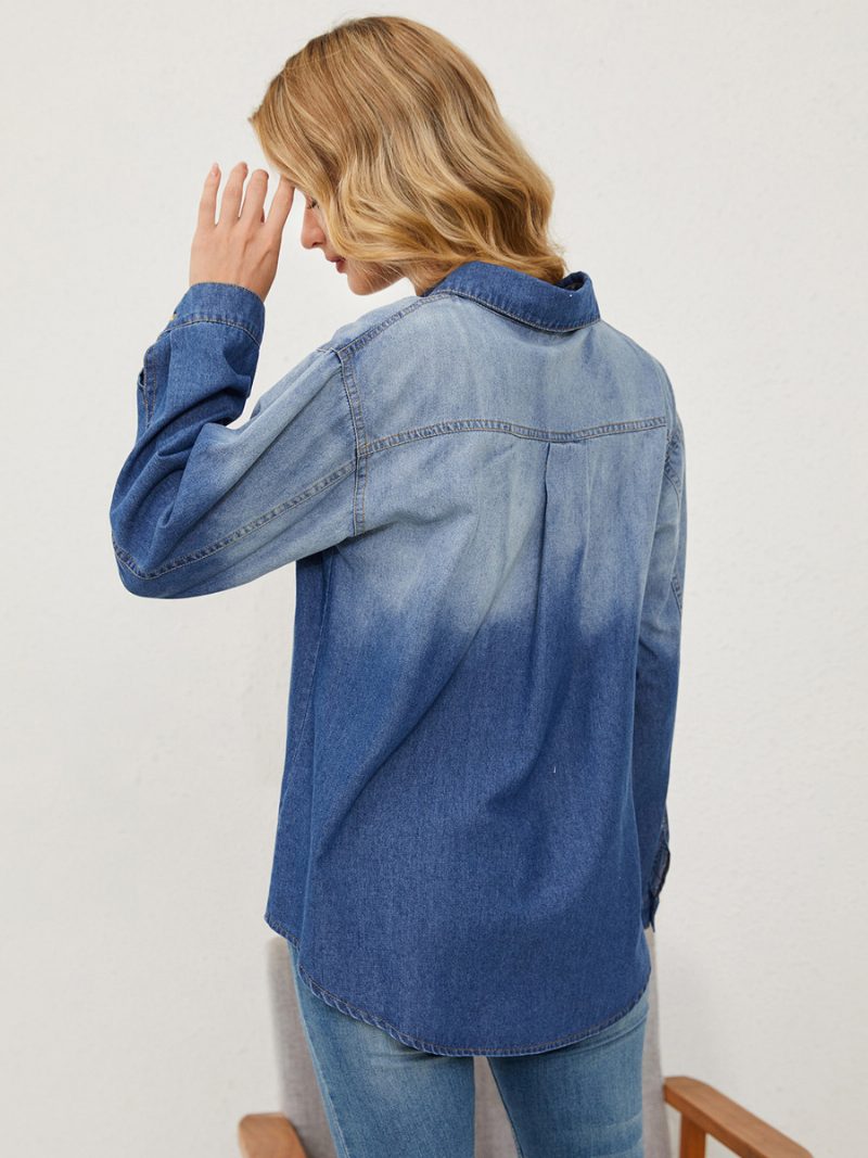 Jeansbluse Mit Farbverlauf Lange Ärmel Knöpfe Busniess Lässiges Damen-oberteil - Blau