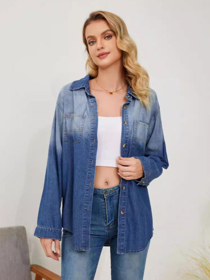 Jeansbluse Mit Farbverlauf Lange Ärmel Knöpfe Busniess Lässiges Damen-oberteil - Blau