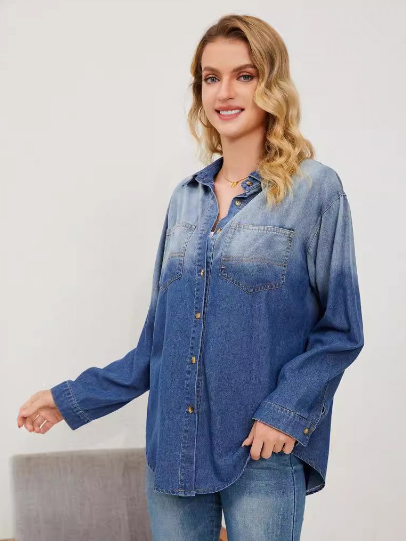 Jeansbluse Mit Farbverlauf Lange Ärmel Knöpfe Busniess Lässiges Damen-oberteil - Blau