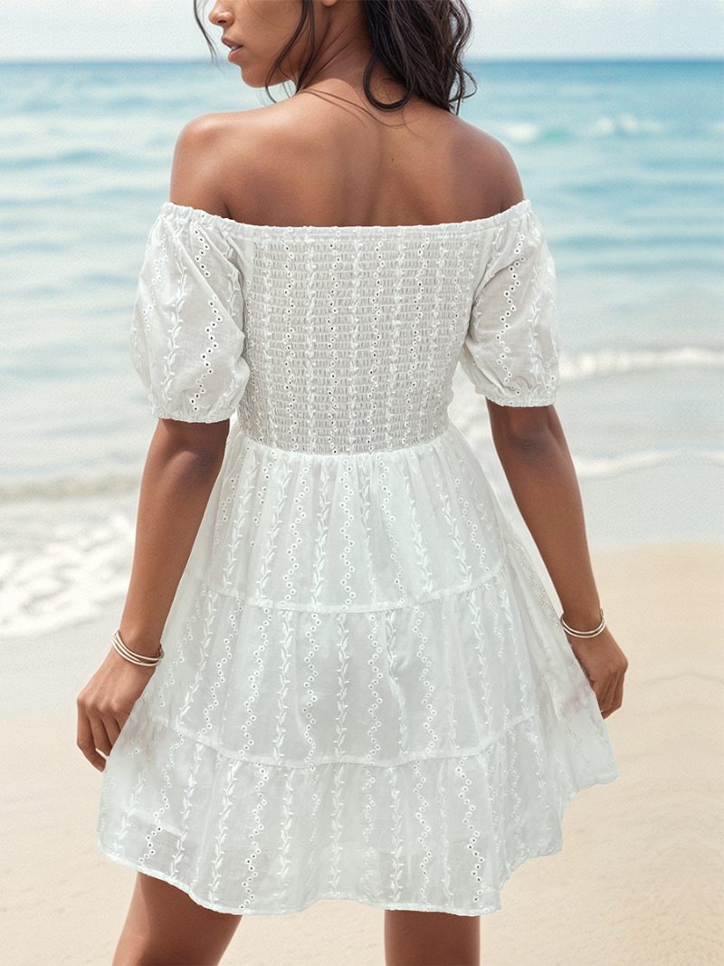 Damen-boho-kleid Trägerlos Bateau-ausschnitt Kurze Ärmel Mehrlagiges Strandkleid - Weiß