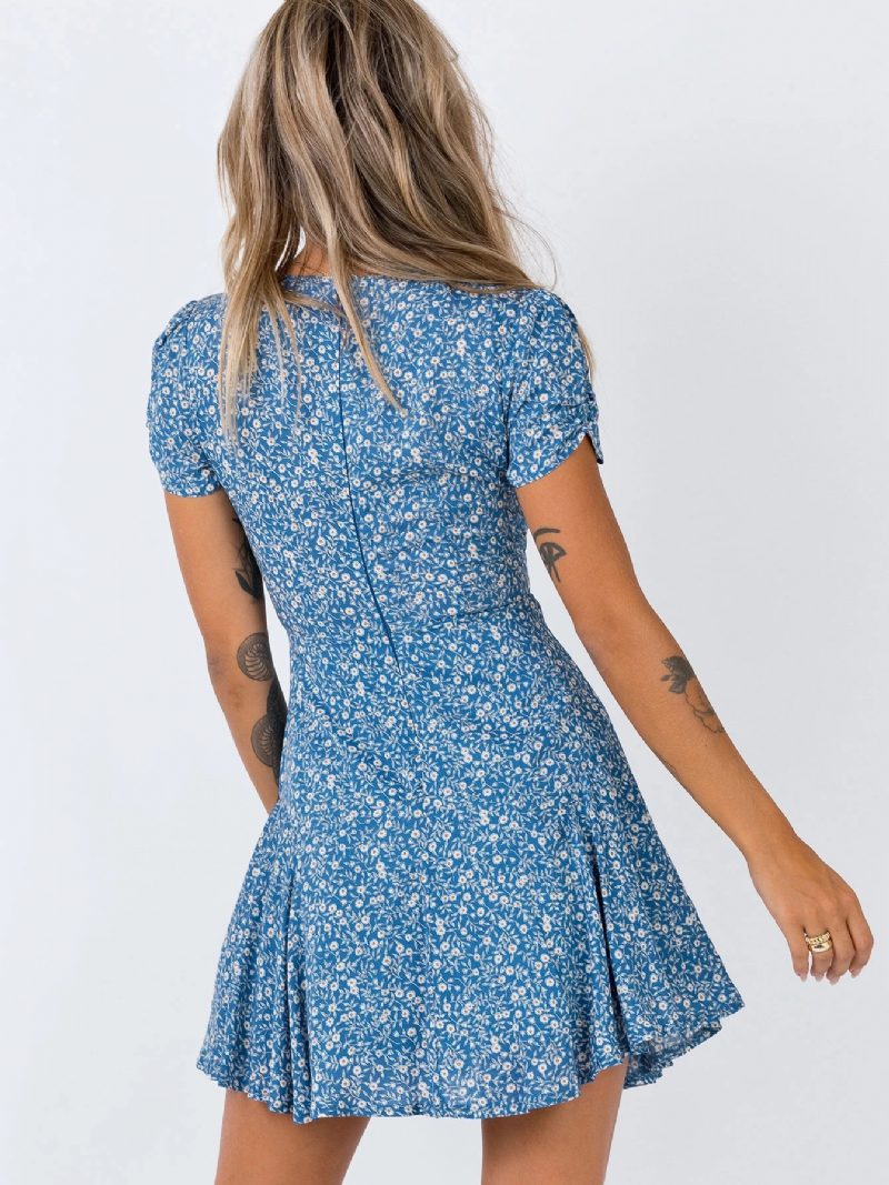 Damen Boho-kleid V-ausschnitt Kurze Ärmel Blumendruck Sommer-midikleid - Blau