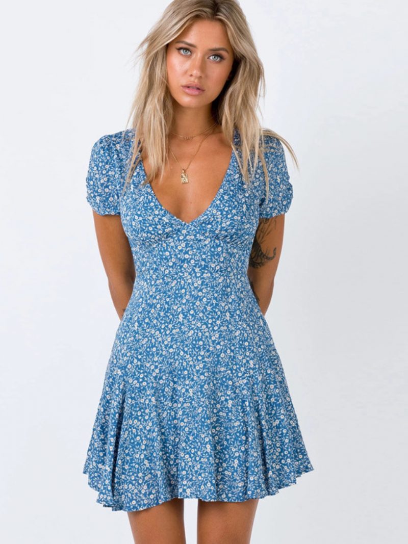 Damen Boho-kleid V-ausschnitt Kurze Ärmel Blumendruck Sommer-midikleid - Blau