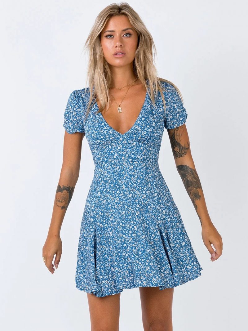 Damen Boho-kleid V-ausschnitt Kurze Ärmel Blumendruck Sommer-midikleid - Blau