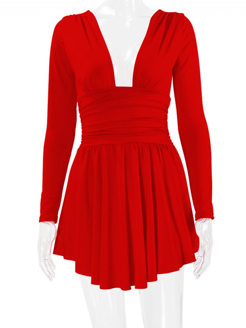 Damen-fit-and-flare-kleid Mit Tiefem Ausschnitt Langen Ärmeln Kurzen Swing-kleidern Einfarbiger Farbe - Rot