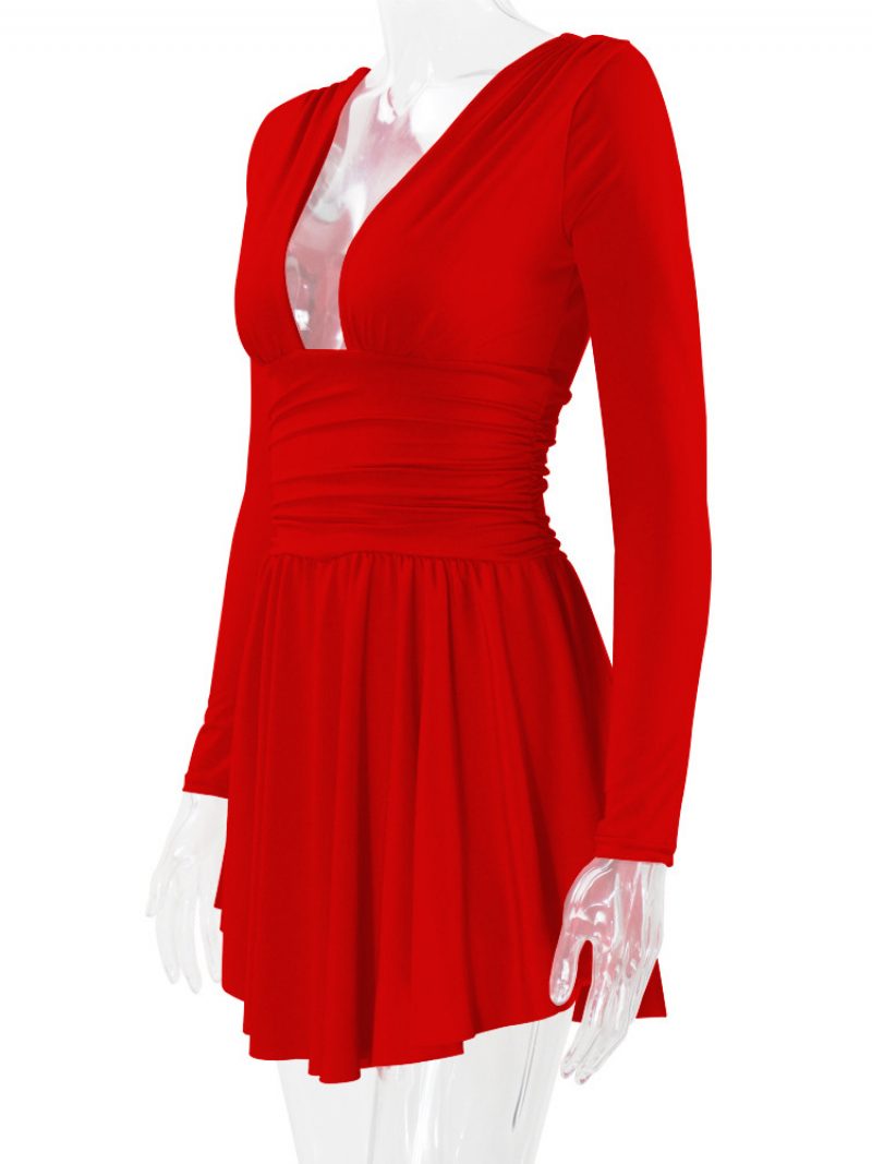 Damen-fit-and-flare-kleid Mit Tiefem Ausschnitt Langen Ärmeln Kurzen Swing-kleidern Einfarbiger Farbe - Rot