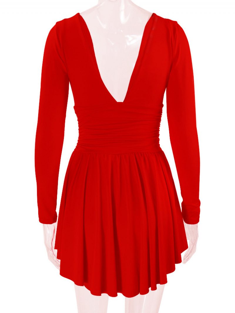 Damen-fit-and-flare-kleid Mit Tiefem Ausschnitt Langen Ärmeln Kurzen Swing-kleidern Einfarbiger Farbe - Rot