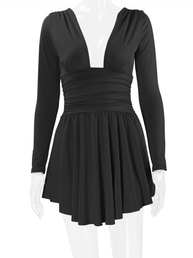 Damen-fit-and-flare-kleid Mit Tiefem Ausschnitt Langen Ärmeln Kurzen Swing-kleidern Einfarbiger Farbe - Schwarz