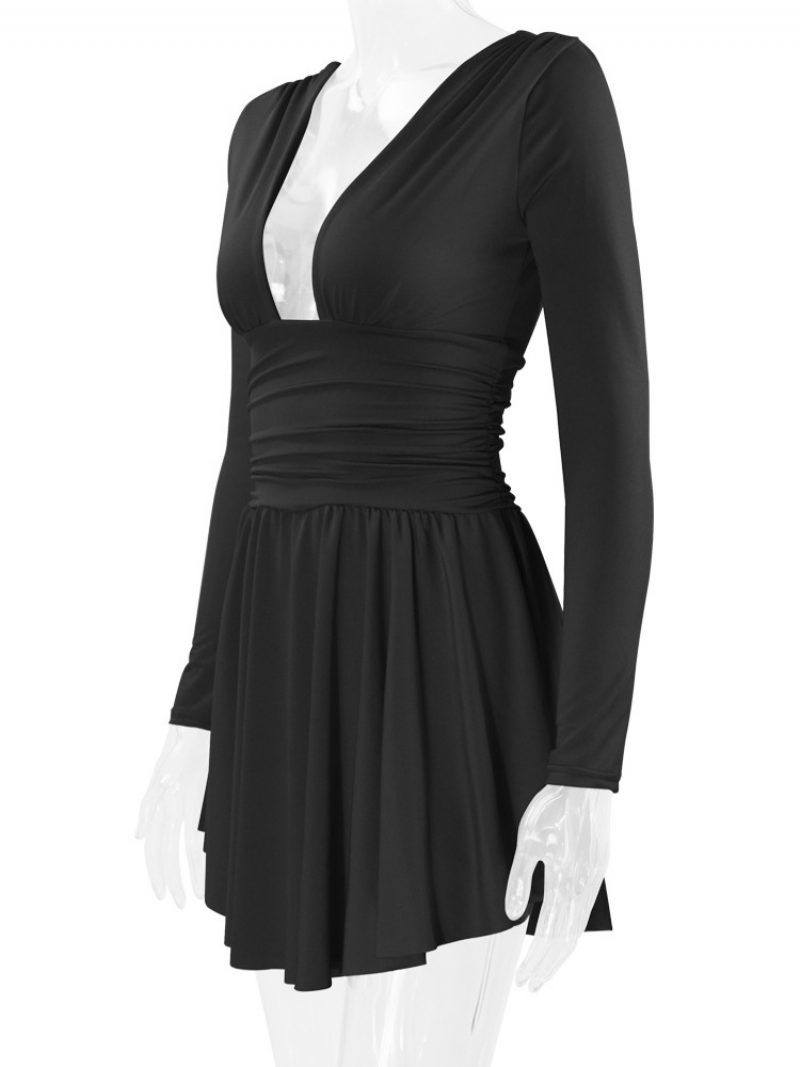 Damen-fit-and-flare-kleid Mit Tiefem Ausschnitt Langen Ärmeln Kurzen Swing-kleidern Einfarbiger Farbe - Schwarz