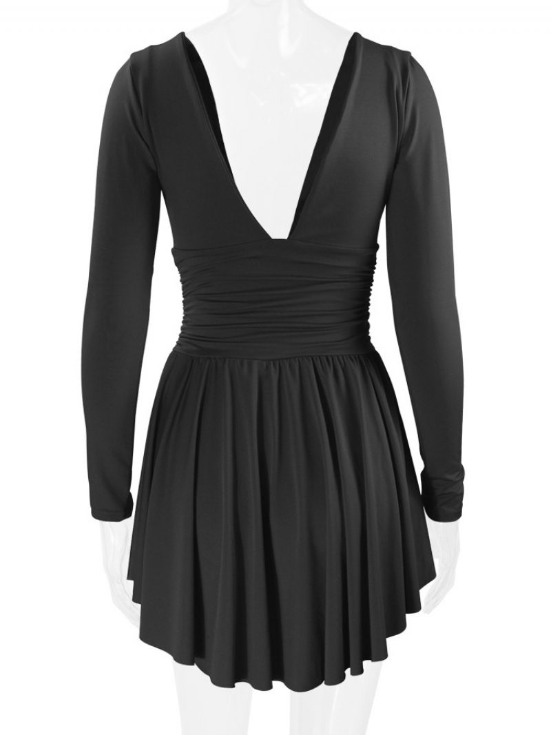 Damen-fit-and-flare-kleid Mit Tiefem Ausschnitt Langen Ärmeln Kurzen Swing-kleidern Einfarbiger Farbe - Schwarz