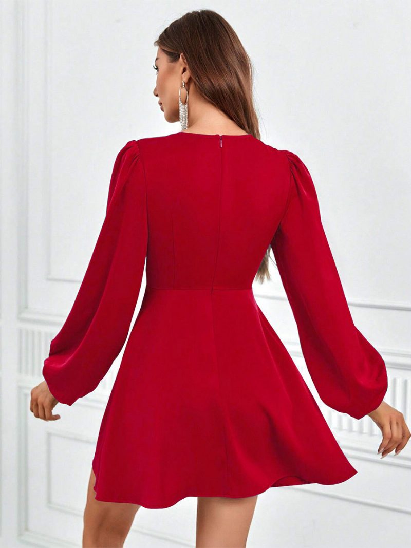 Damen-kleid Mit Schleifen Tiefem V-ausschnitt Laternenärmeln A-linie Partykleid - Rot