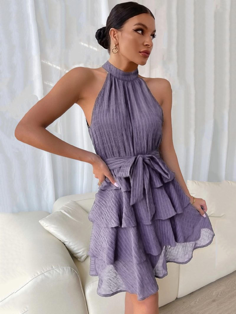 Kurzes Neckholder-kleid Für Damen Ärmellos Plissiert Mit Gürtel Tüll Abgestufte Party-cocktailkleider - Lavendel