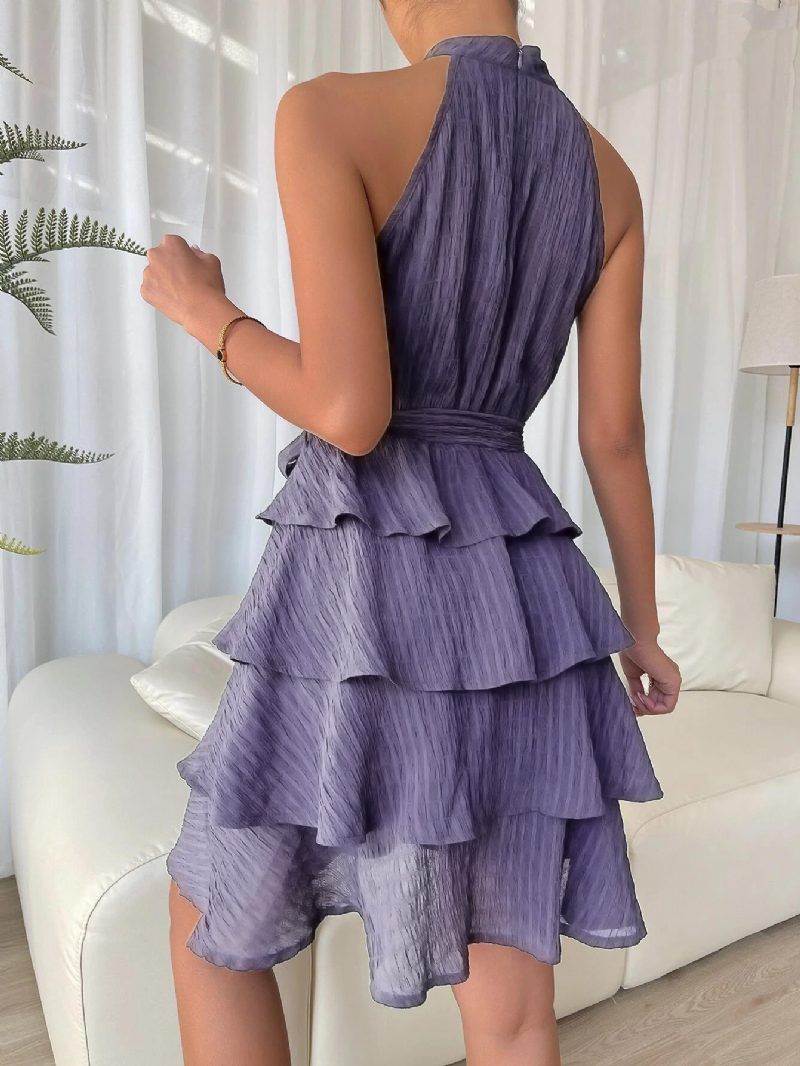 Kurzes Neckholder-kleid Für Damen Ärmellos Plissiert Mit Gürtel Tüll Abgestufte Party-cocktailkleider - Lavendel