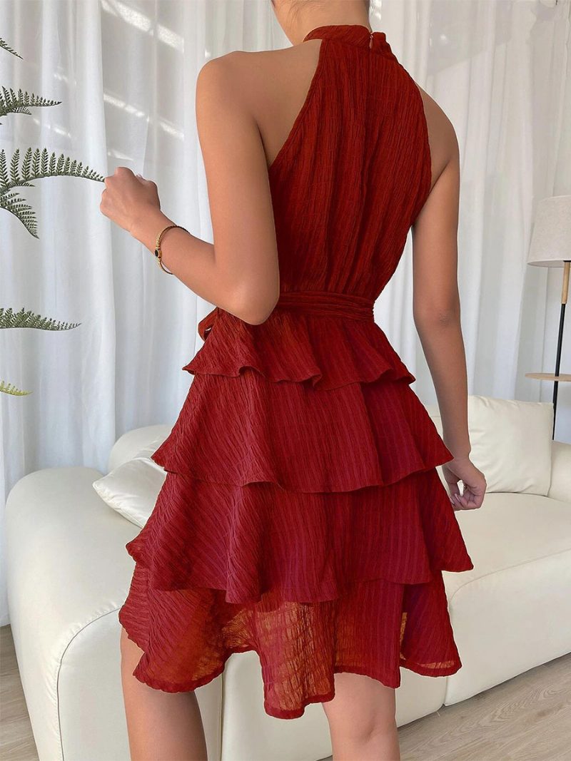 Kurzes Neckholder-kleid Für Damen Ärmellos Plissiert Mit Gürtel Tüll Abgestufte Party-cocktailkleider - Rot