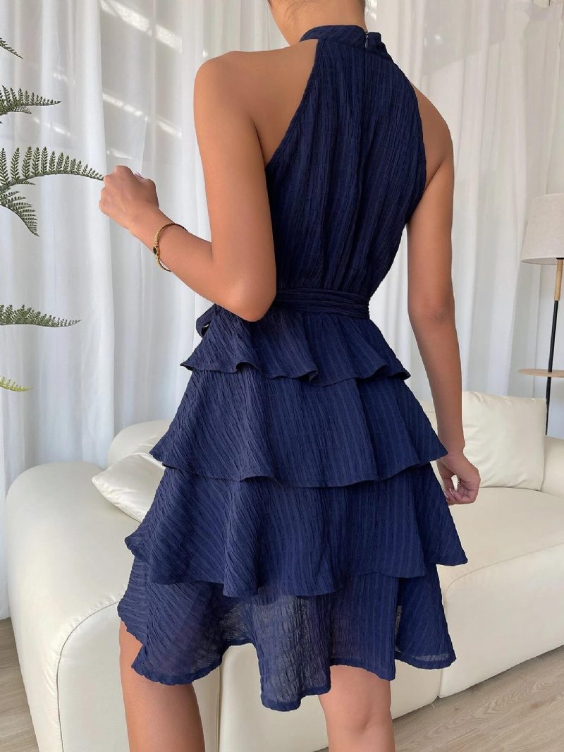 Kurzes Neckholder-kleid Für Damen Ärmellos Plissiert Mit Gürtel Tüll Abgestufte Party-cocktailkleider - Blau