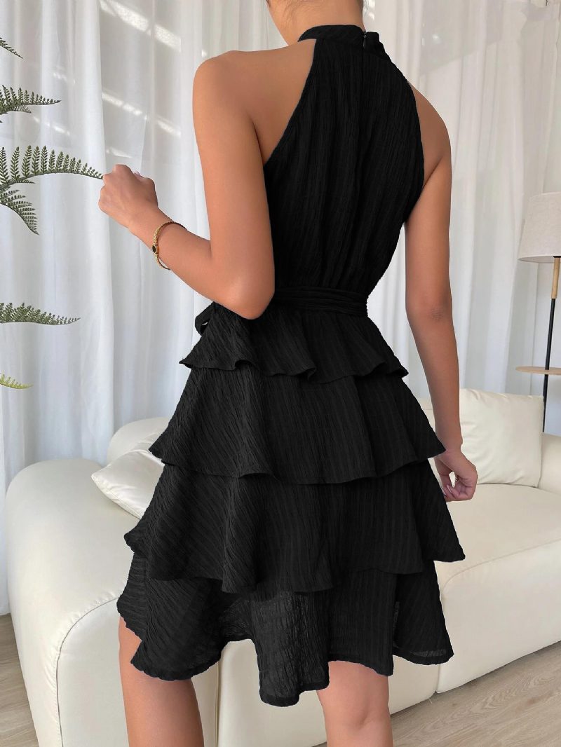 Kurzes Neckholder-kleid Für Damen Ärmellos Plissiert Mit Gürtel Tüll Abgestufte Party-cocktailkleider - Schwarz