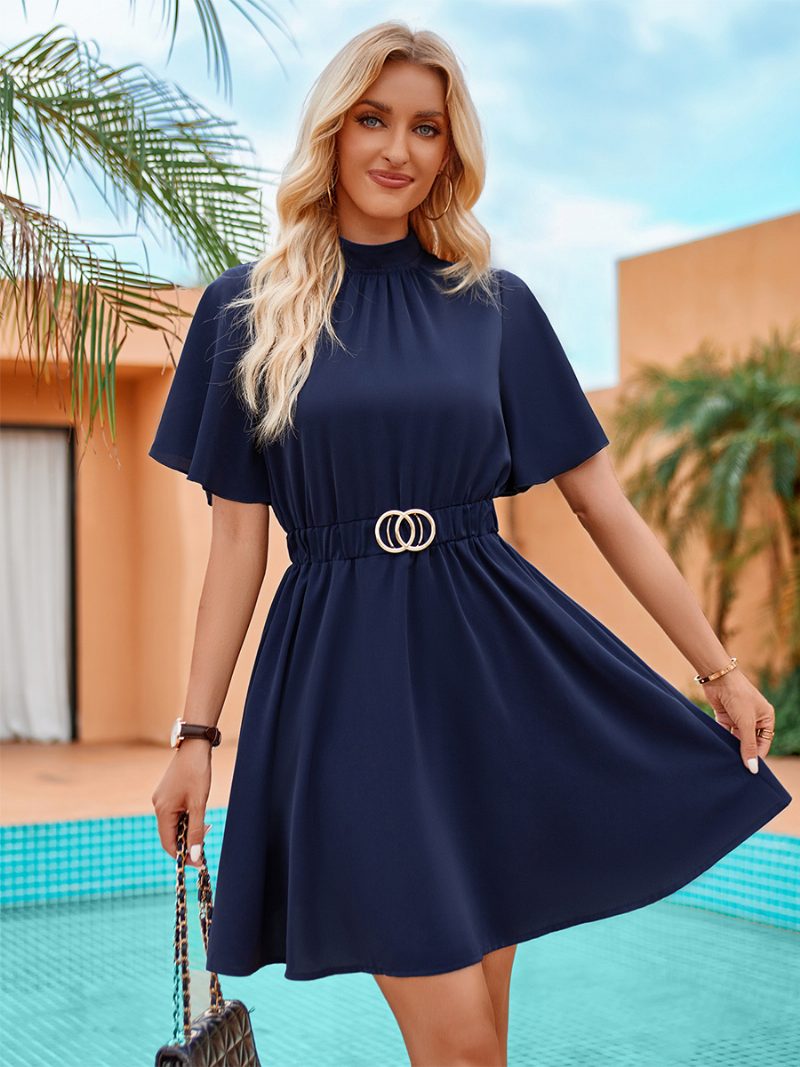 Lässiges Sommerkleid Für Damen Hoher Kragen Ringdetails Kurze Sommerkleider - Dunkles Marineblau