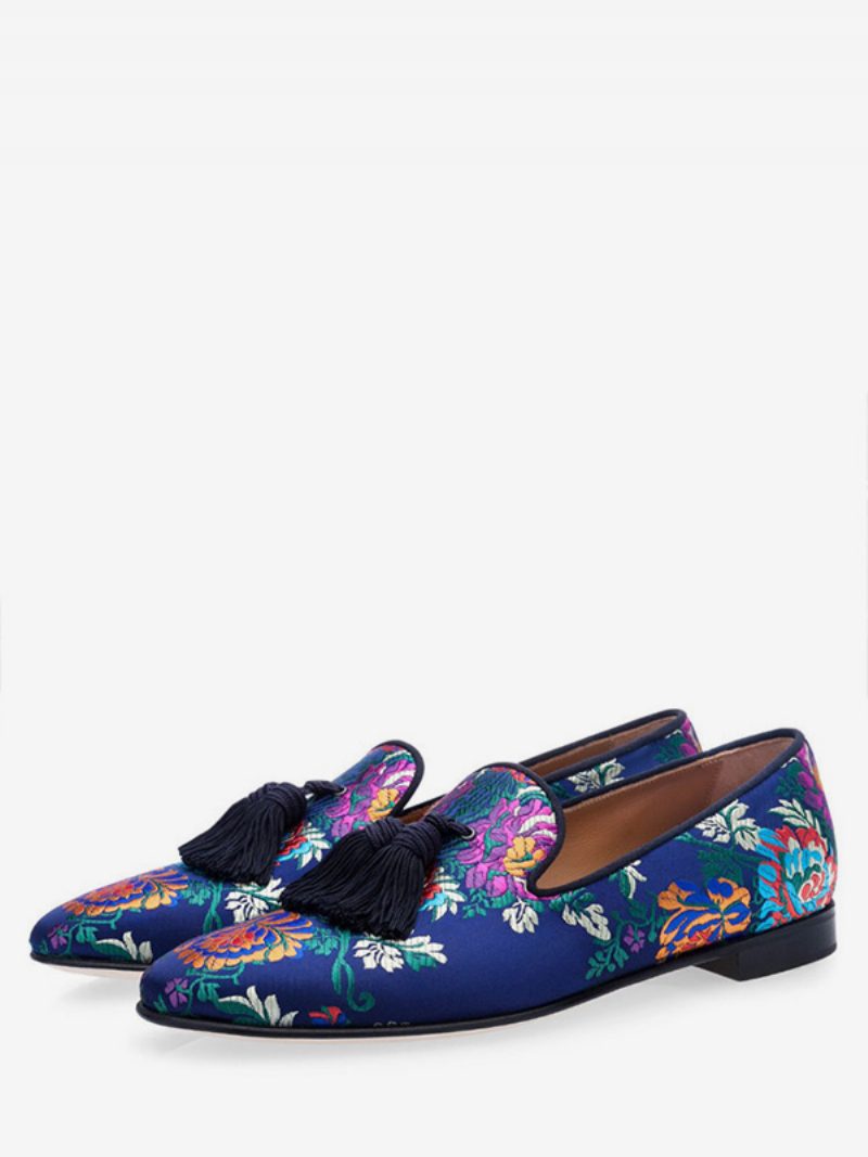 Blaue Mit Blumen Bestickte Prom-loaferschuhe Aus Satin Für Herren Quaste