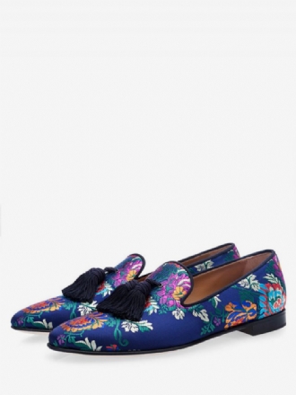 Blaue Mit Blumen Bestickte Prom-loaferschuhe Aus Satin Für Herren Quaste