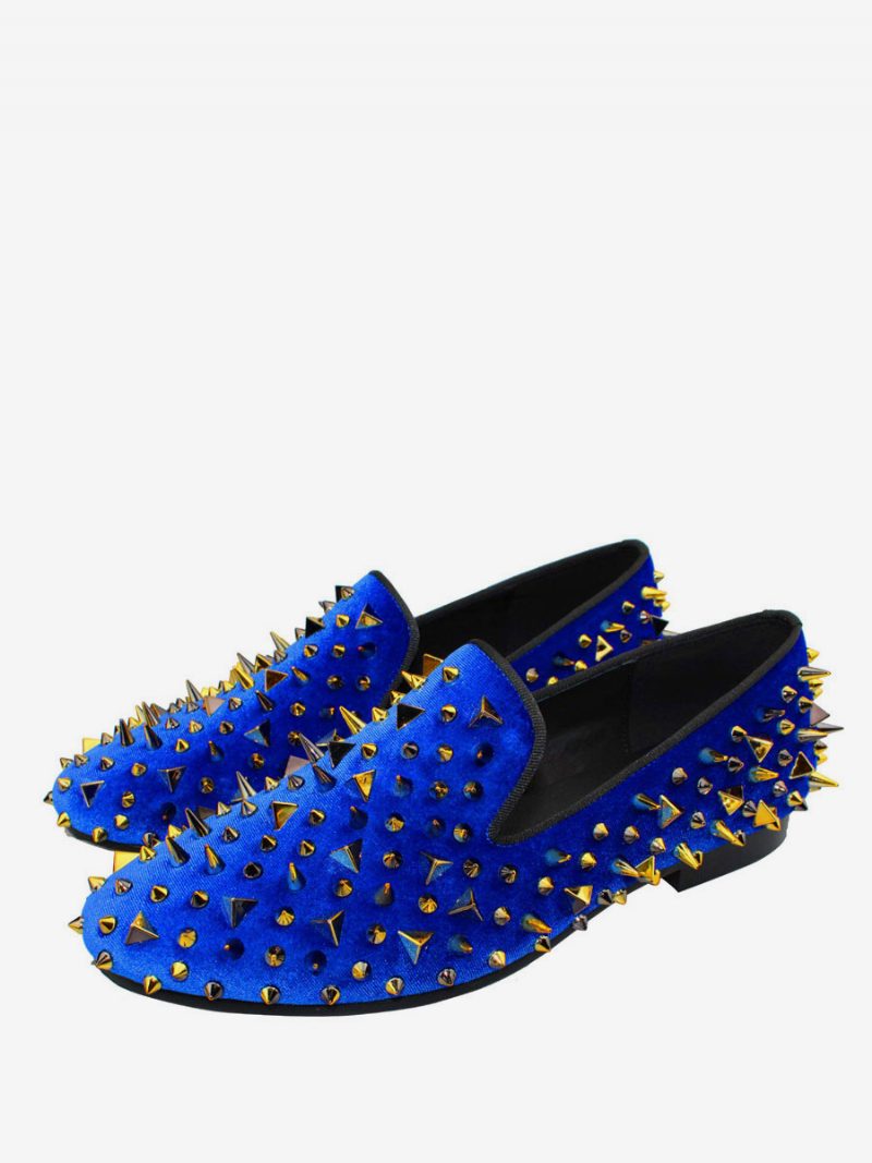 Goldene Spikes-loafer Für Herren Blauen Wildlederschuhen Abschlussball Party Und Hochzeit