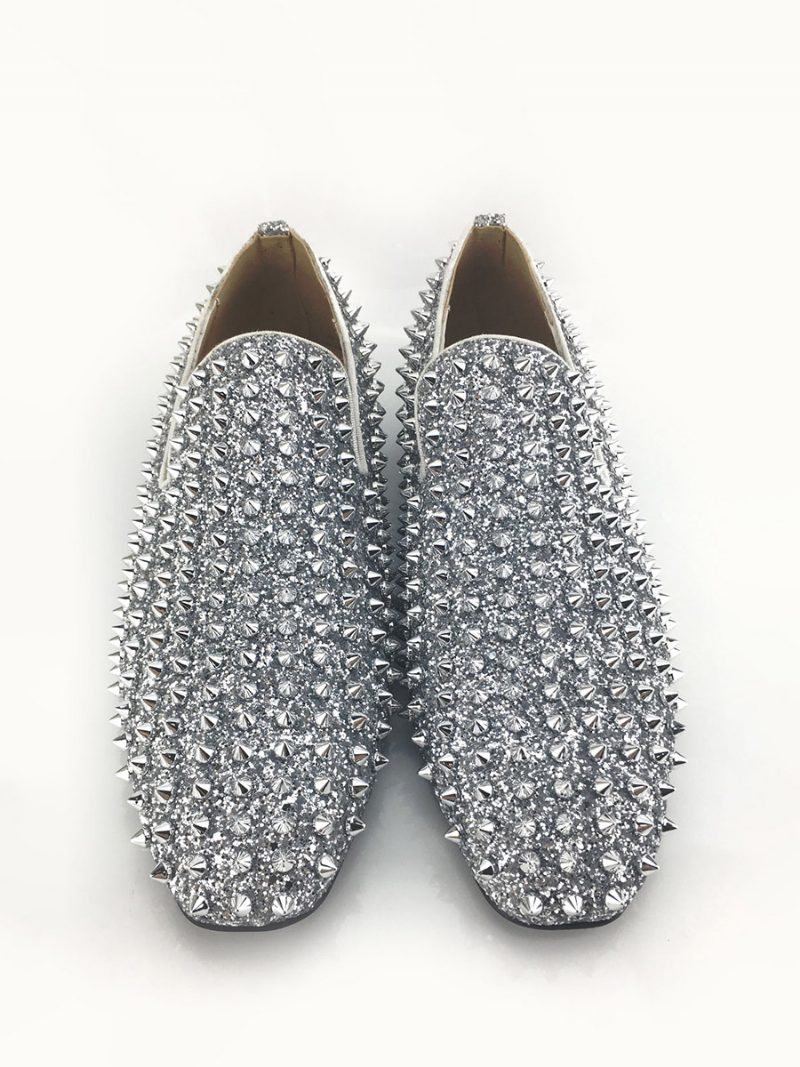 Goldglitzernde Spike-loafer Für Herren Zum Hineinschlüpfen Abschlussball Party Hochzeit - Silber