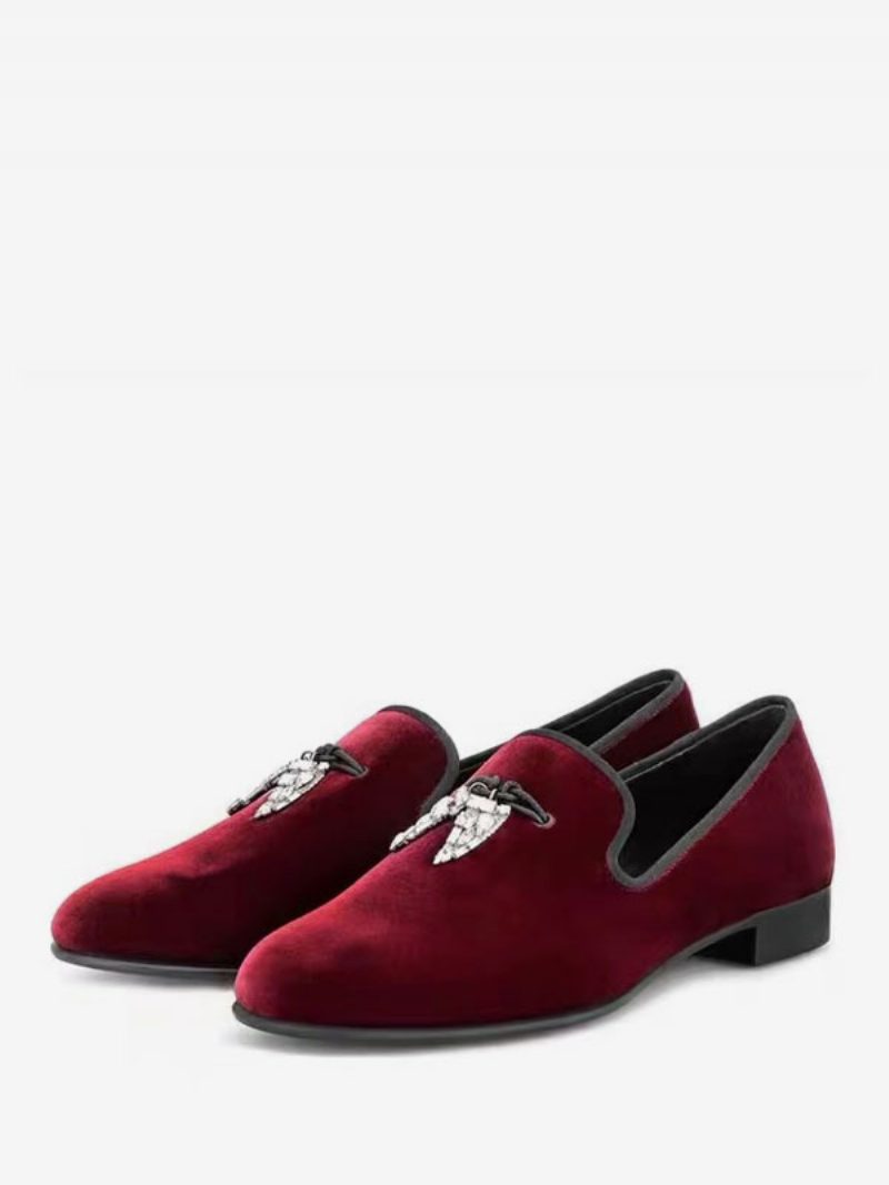 Herren-loafer Obermaterial Aus Schwarzem Wildleder Haifischzahn-metall Runde Zehenpartie Slip-on-schuhe Für Abschlussball Party Hochzeit - Dunkelrot