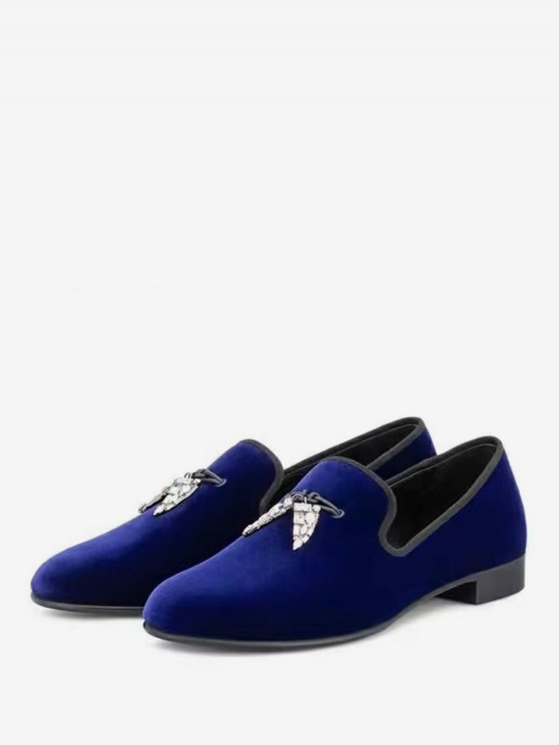 Herren-loafer Obermaterial Aus Schwarzem Wildleder Haifischzahn-metall Runde Zehenpartie Slip-on-schuhe Für Abschlussball Party Hochzeit - Schillerndes Blau