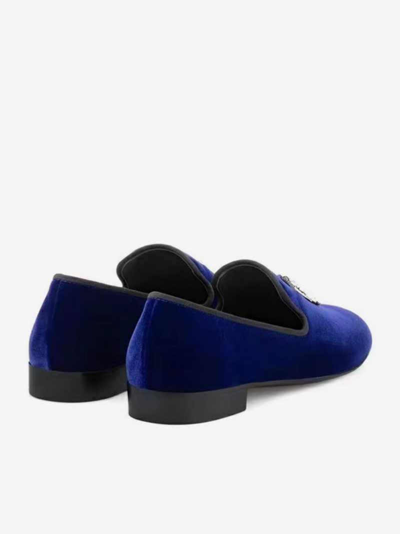 Herren-loafer Obermaterial Aus Schwarzem Wildleder Haifischzahn-metall Runde Zehenpartie Slip-on-schuhe Für Abschlussball Party Hochzeit - Schillerndes Blau