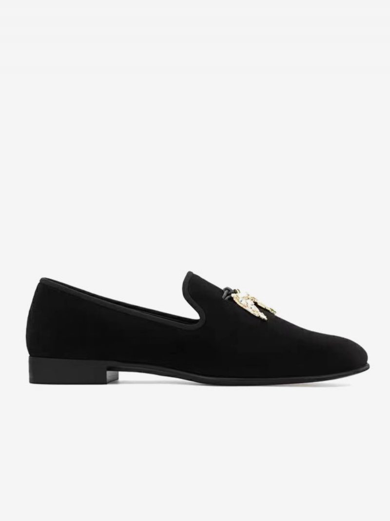 Herren-loafer Obermaterial Aus Schwarzem Wildleder Haifischzahn-metall Runde Zehenpartie Slip-on-schuhe Für Abschlussball Party Hochzeit - Schwarz